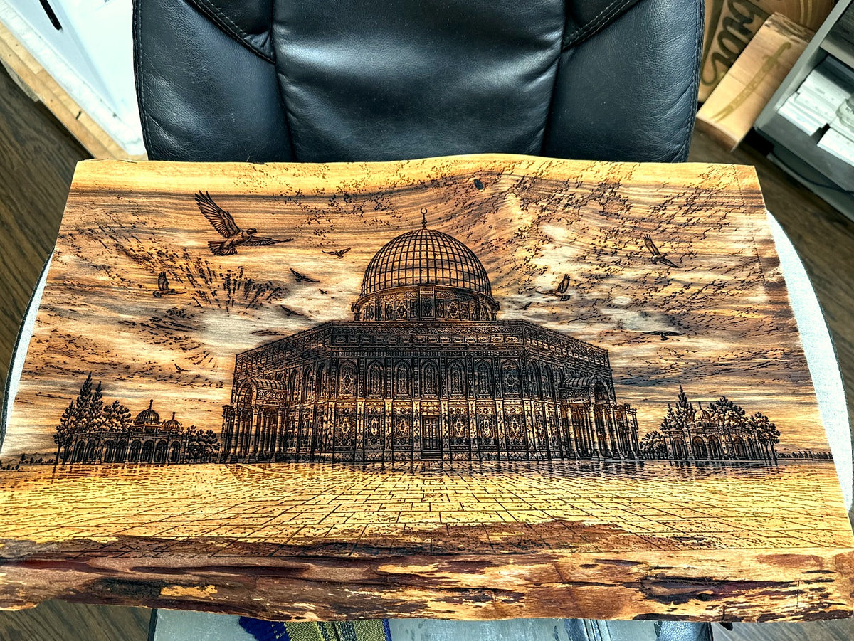 Al-Aqsa Mosque board - Dome of the Rock and plaza laser engraved on live-edge wood