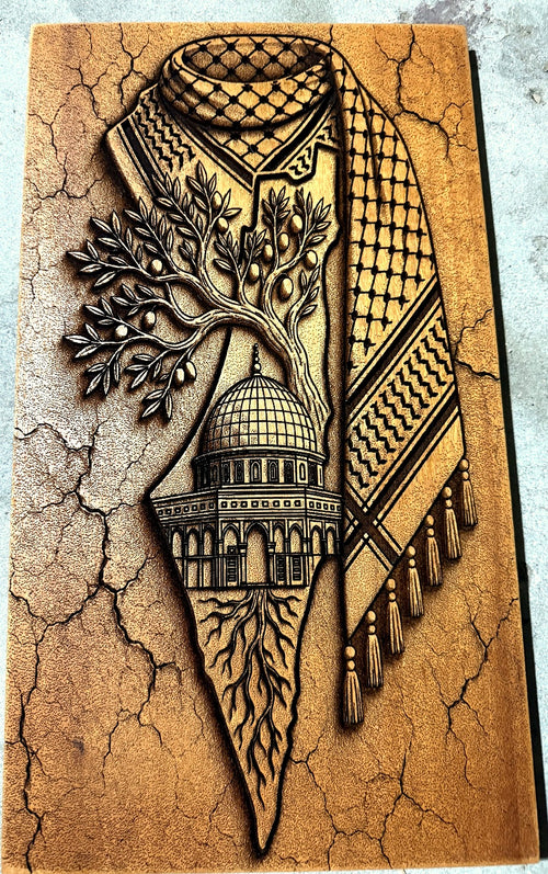 Jafra board - keffiyeh, Palestine map, olive tree and Dome of the Rock laser engraved on wood