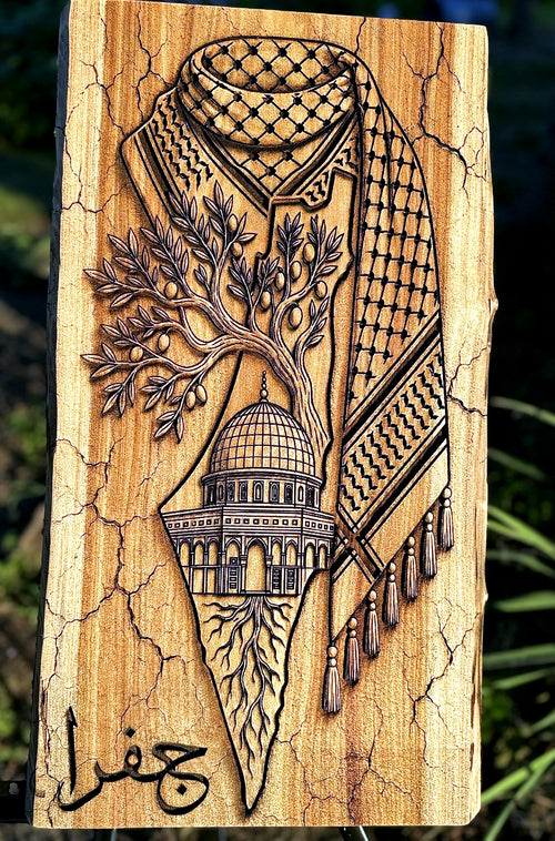 Jafra board in warm light - keffiyeh, olive tree, Dome of the Rock and Jafra calligraphy